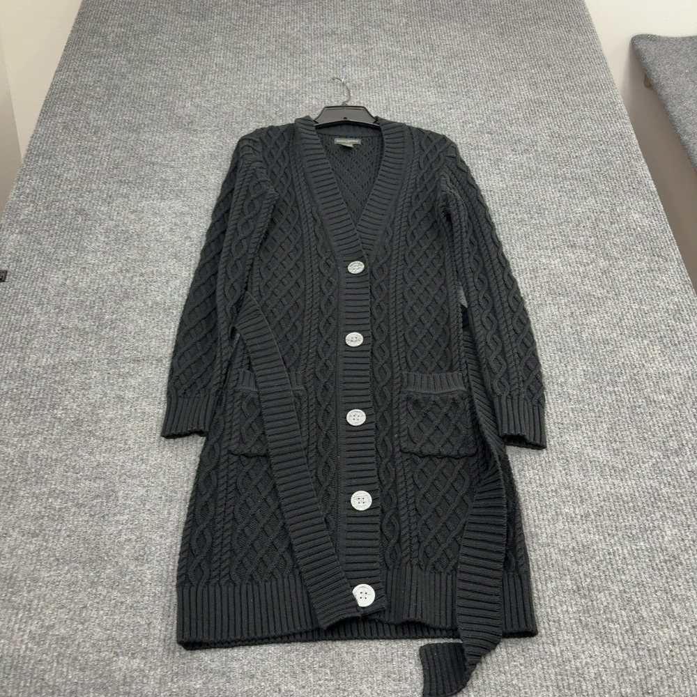 Banana Republic Cardigan Womens M Black Cotton Blend Cable Knit Belted Classic